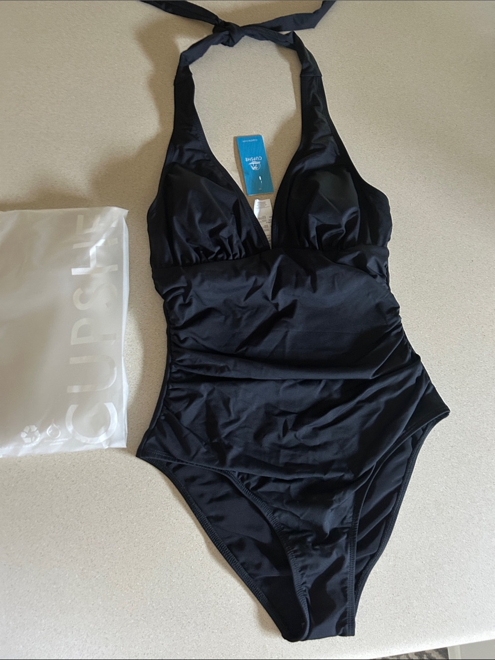 Black Halter One-Piece Tummy Control Swimsuit